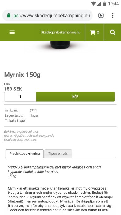 Skärmdump av en produkt på en hemsida för bekämpningsmedel, visar text och köpknapp.