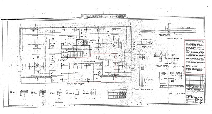 Arkitektritning från 60-talet som visar planlösning av ett lägenhetshus med markerade betongpelare.