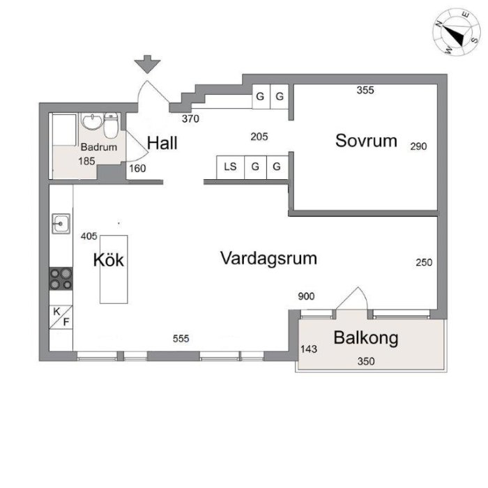 Planritning av en lägenhet från 60-talet med kök, hall, badrum, sovrum och vardagsrum markerade samt måttangivelser.