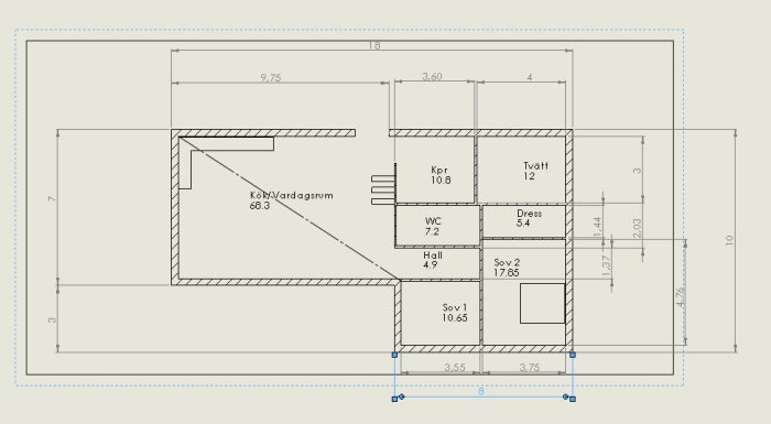 Arkitektritning av enplanshus på 130 kvm med benämnda rum som kök, sovrum och tvätt.