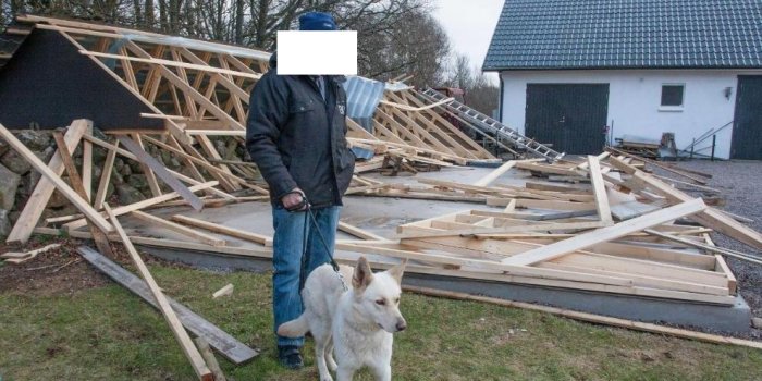 Person och hund framför sammanrasad takkonstruktion på en byggarbetsplats.