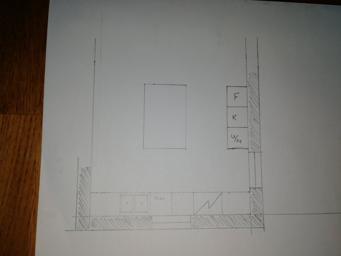 Ritning av en rumslayout med markerade väggar och fönster och beteckningar F, K, U/M.