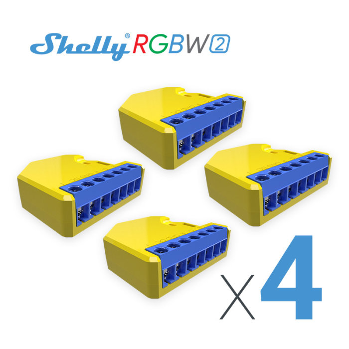 Fyra gula Shelly RGBW2 LED-drivers mot vit bakgrund med antal "x 4" och produktnamnet.