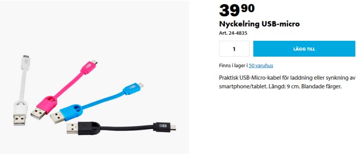 Flerfärgade USB-micro nyckelringskablar för laddning, 9 cm, på vit bakgrund.