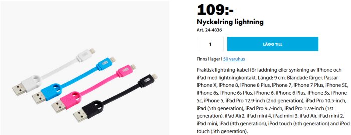 Färgglada lightning-nyckelringar för iPhone, presenterade bredvid prisinformation.