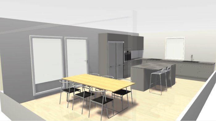 3D-rendering av en modern köksdesign med ett matbord och stolar, köksö och fönster.