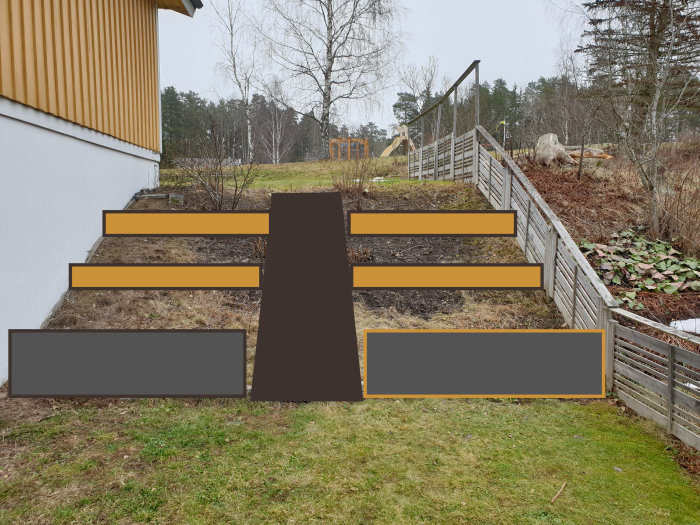 Simulerad trädgårdstrappa med markerade steg i brunt och grått intill hus och staket.