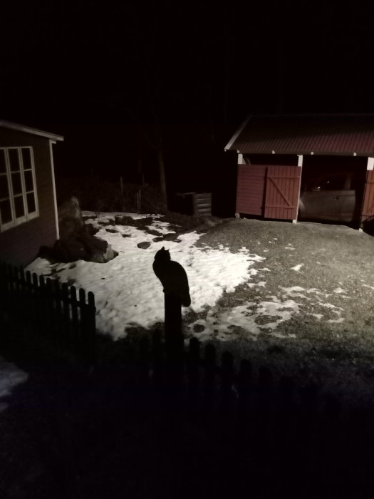 Nattbild på en tänkt kattuggla sittande på staketstolpe framför ett hus och garage med snöfläckar på marken.