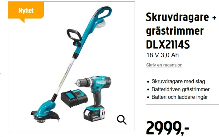 Makita skruvdragare och batteridriven grästrimmer som säljs som paket, 18V 3,0 Ah, på vit bakgrund.