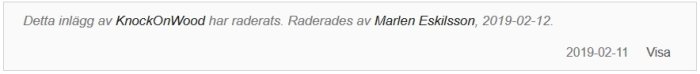 Notis om ett borttaget inlägg av användaren KnockOnWood på ett forum, redigerat av Marlen Eskilsson.