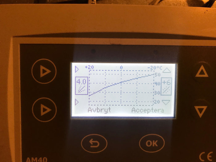 Digital display på en Vexve AM40 reglerenhet som visar en inställningsmeny med en temperaturkurva.