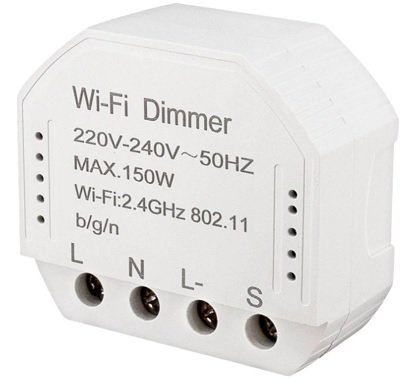 En vit Wi-Fi-dimmer med tekniska specifikationer tryckta på framsidan, avsedd för smart hemstyrning.