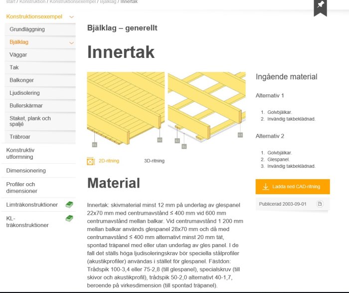 Schematisk illustration av två konstruktionsalternativ för innertak med bjälklag och glespanel.