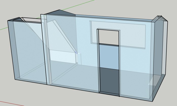 3D-ritning av badrum med takkupa, planlösning med skjutdörr och transparanta väggar.