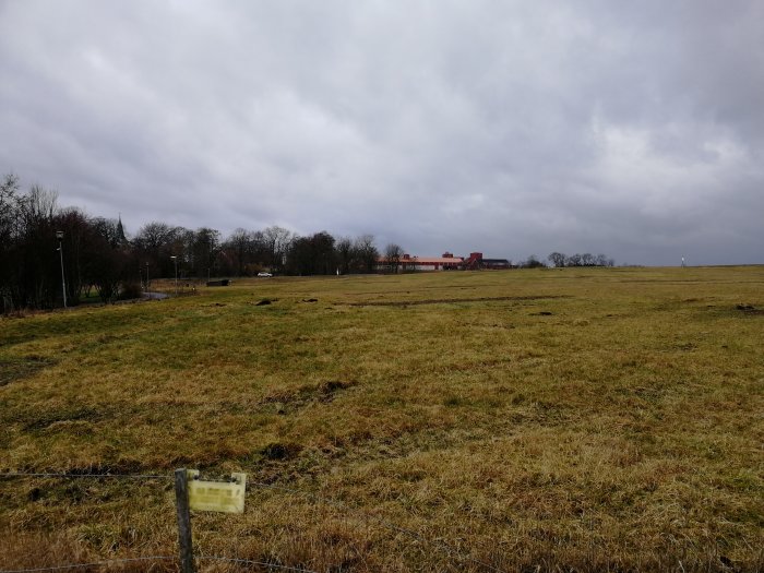 Tomtmarker med gulbrunt gräs under mulet himmel, byggnader i fjärran, omgärdad av träd och väg.