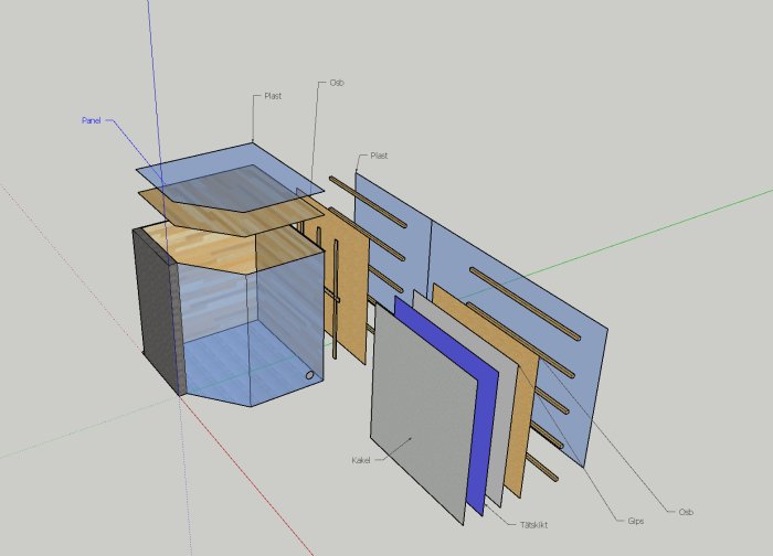 3D-modell av bastukonstruktion med olika lager av material som panel, plast, och isolering.