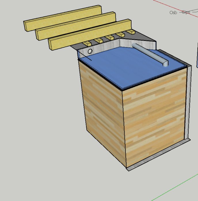 3D-konstruktionsritning av en bastu med synligt taklager, ventilationsrör och isolering.