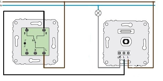 Schematisk bild av elinstallation med kopplingar mellan två väggdosor.