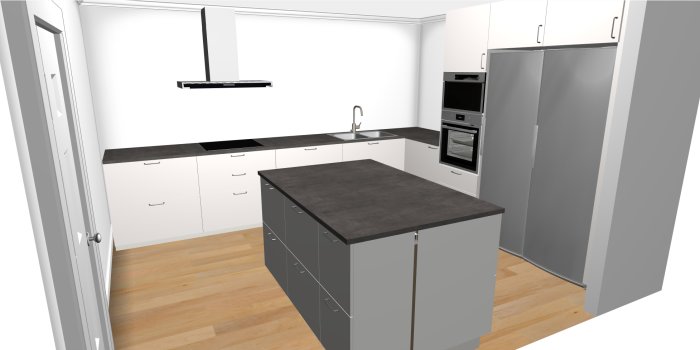 3D-rendering av kök med skåpkonfiguration, köksö, inbyggda vitvaror, och platsindelning för diskussion.