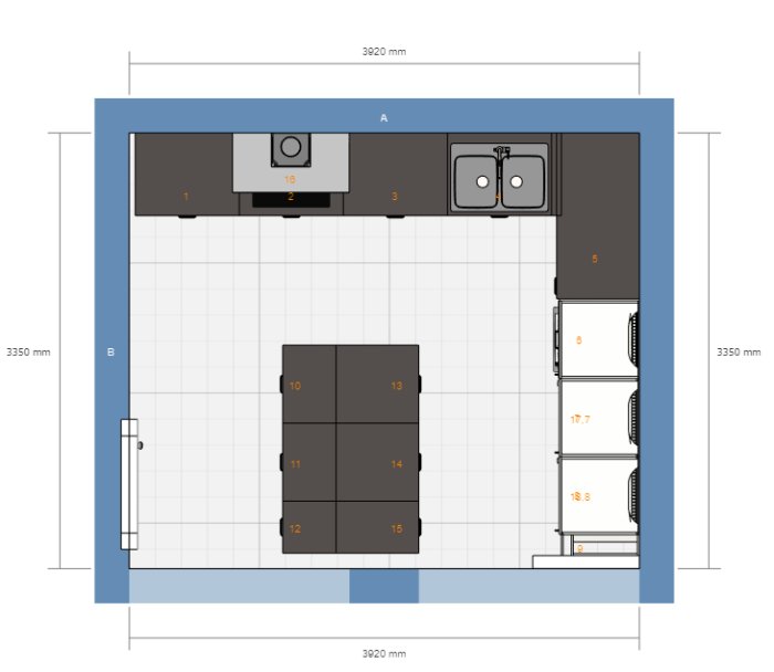 Kökslayout med två alternativ för placering av spishäll och diskho längs en vägg, med mått och skåpsindelning.