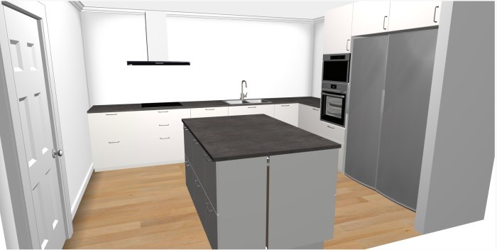 3D-rendering av ett kök med vit köksinredning, svart köksö, inbyggd häll och vask under fönster.