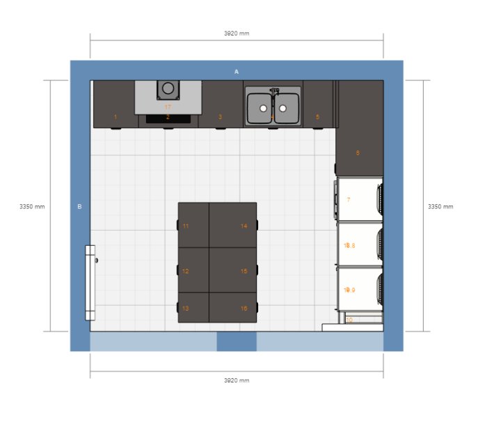 Översiktsritning av kökslayout med köksö, spis, vask och skåpsförslag.