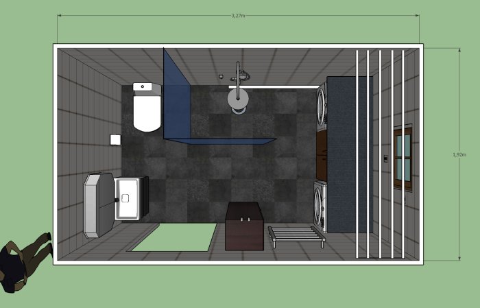 3D-Sketchupmodell av badrum med mått 1,92 x 3,27m, innehållande dusch, toalett, tvättmaskin och tumlare.