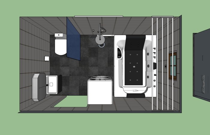 3D-skiss av ett badrum med duschkabin, badkar, toalett, tvättmaskin och handfat sett ovanifrån.