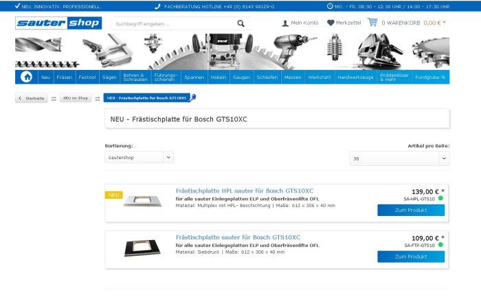 Skärmdump från Sautershop-webbsidan som visar frästillsatser för Bosch GTS10XC sågbord med priser och specifikationer.