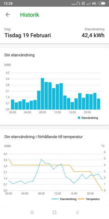 Skärmdump av energiförbrukningsapp som visar histogram och linjediagram för elanvändning och temperatur för en dag.