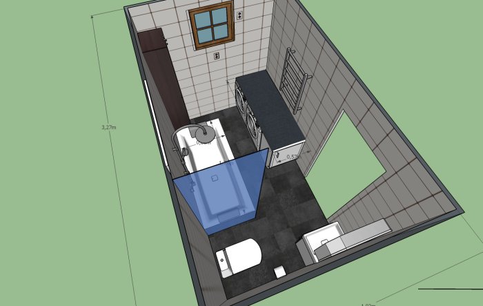 3D-ritning av badrumsplanering med badkar, tvättmaskin, torktumlare och handdukstork.