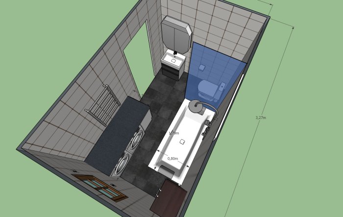 3D-ritning av ett badrumsplan med badkar, tvättmaskin, handdukstork och toalett.