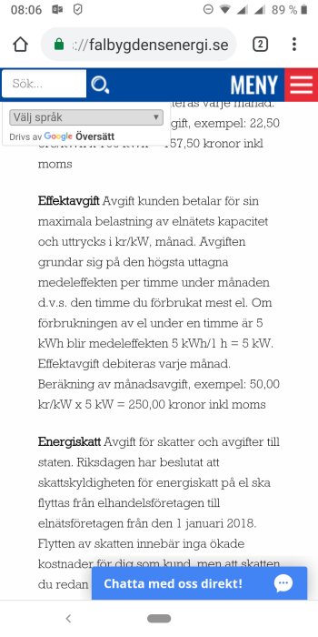 Skärmdump från Falbygdens Energi webbsida som visar information om effektavgift och energiskatt.