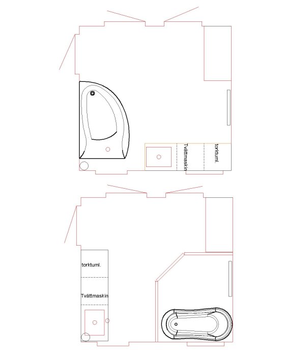 Skiss över planlösning för renovering av tvättstuga med nya positioner för tvättmaskin, torktumlare och hörnbadkar.