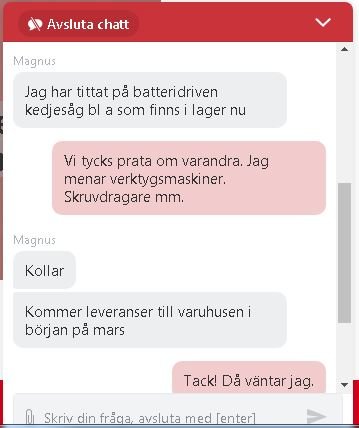 Skärmdump av en chattkonversation där Makita och AEG verktygsleveranser diskuteras.