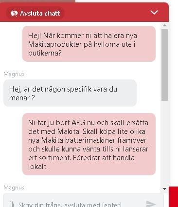 Skärmdump av chattkonversation angående ersättning av AEG-produkter med Makita-produkter i butik.