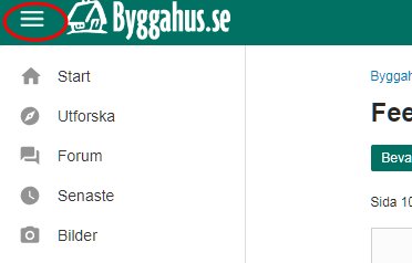 Webbsida med utdragen vänstermeny och markerad menyikon på Byggahus.se.