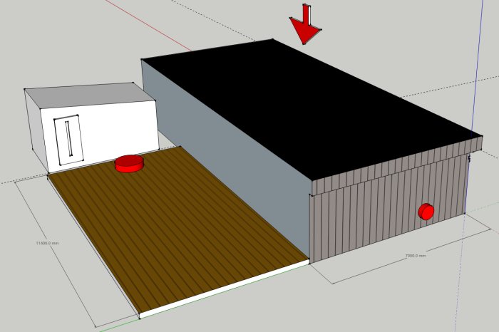 3D-skiss av ett hus med markerade punkter för vattenanslutning: en röd pil på takets framsida och en röd cirkel vid ena kortsidan.