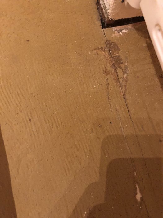 Gulgrönt pulveriserat gammalt limrester på spånskiva, synligt trägolv i ett äldre hus.