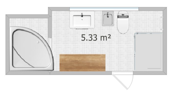 Ritning av ett litet badrum med hörnbadkar, toalett, handfat och yta för dusch, totalt 5.33 kvm.
