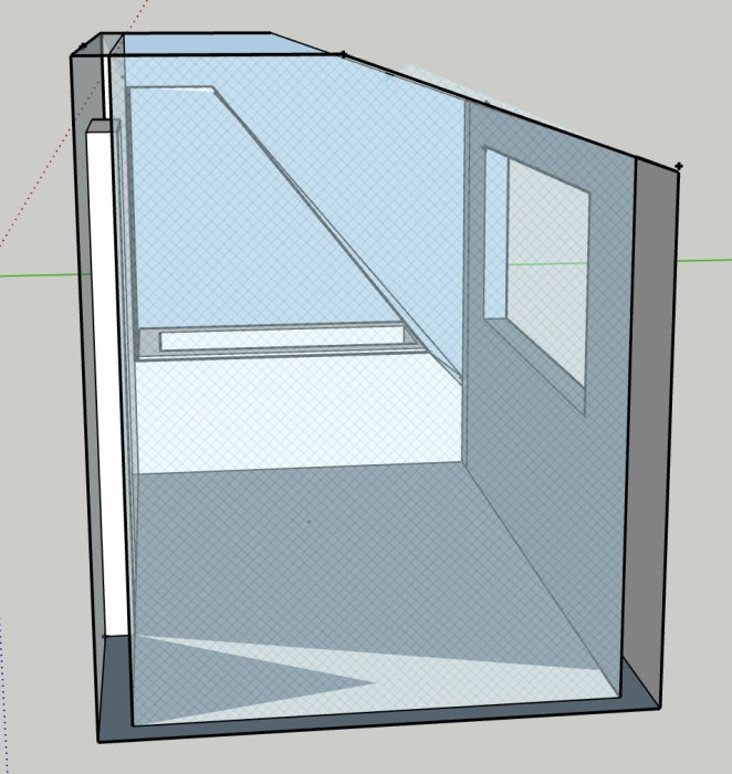 3D-skiss av ett badrum med snedtak, hörnbadkar och fönster.