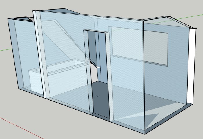 3D-modell av ett badrum under snedtak med hörnbadkar och glasvägg.