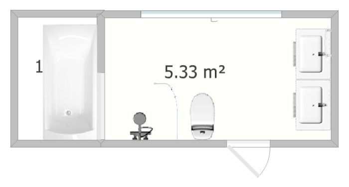 Planritning av ett badrum med snedtak, badkar, tvättställ, toalett och duschyta.