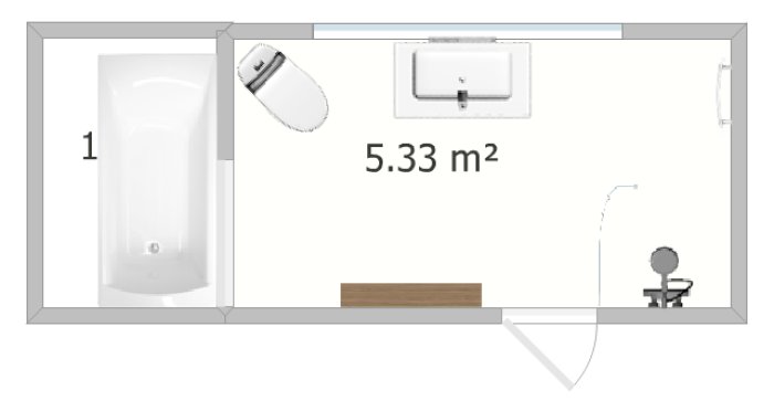 Ritning av badrumsplanering med hörnbadkar, handfat, och öppningsbar duschkabin i ett 5.33 m2 stort rum.