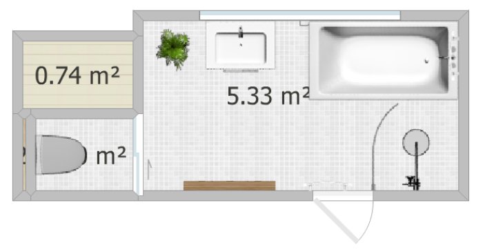 Översiktsritning av ett badrumsutrymme med badkar under snedtaket, handfat, toalett och areaangivelser.
