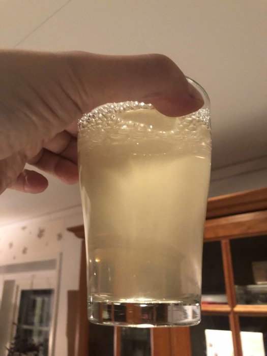 Hand håller ett glas med grumligt brunt vatten, tecken på högt järn- och mineralinnehåll.