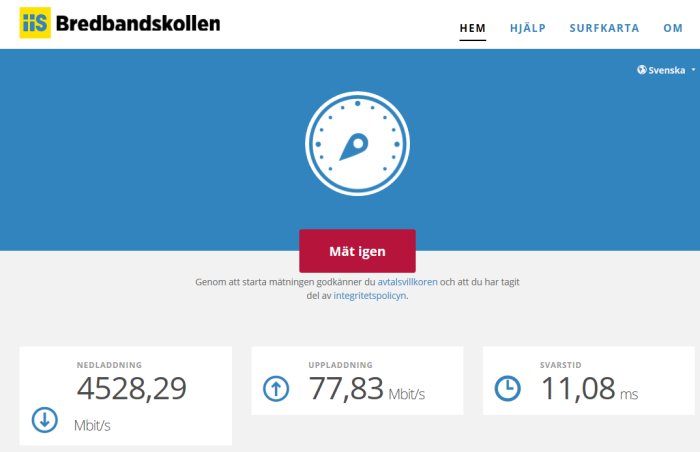 Skärmbild av bredbandshastighetstest på Bredbandskollen med hög nedladdning och uppladdningshastighet.