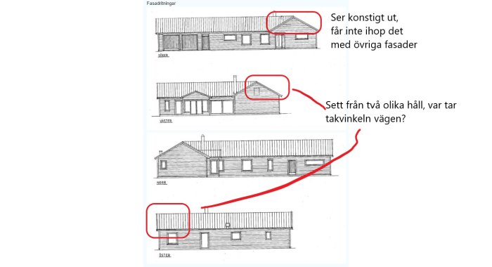 Ritningar som visar olika fasader av ett hus med markeringar och frågetecken som pekar ut inkonsekvenser i takkonstruktionen.