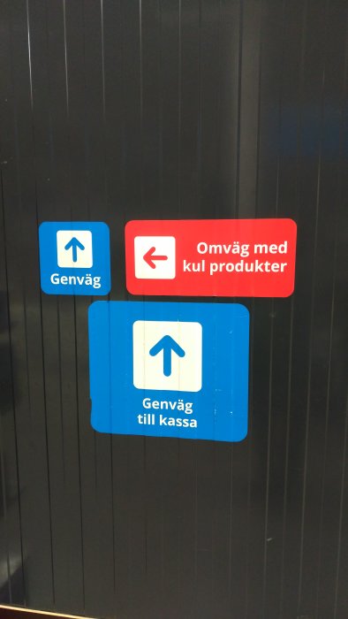 Vägskyltar inuti en butik som visar "Genväg" uppåt, "Omväg med kul produkter" åt vänster och "Genväg till kassa" uppåt.