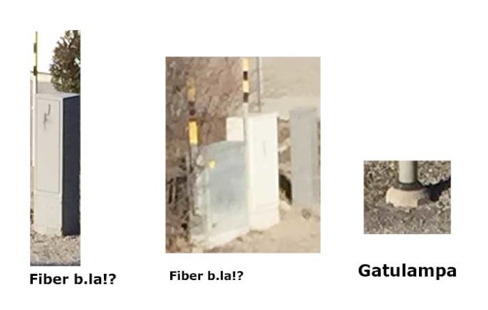 Kabelskåp och gatulampa på gata med texter "Fiber b.la!?" som antyder osäkerhet om anslutningspunkt.